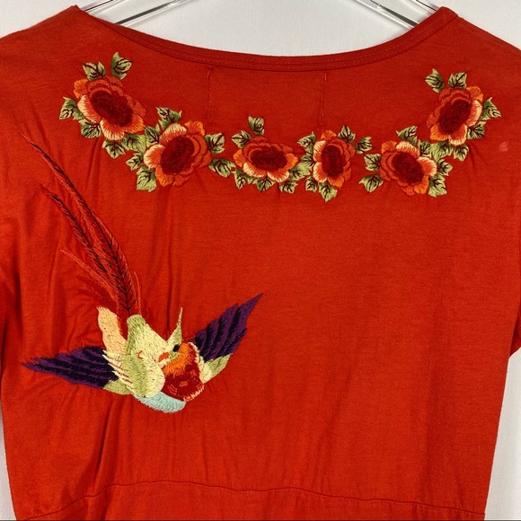 Johnny Was JWLA Dress Boho Heavy Embroider Smock Bird Orange Floral Birds S - Picture 4 of 5